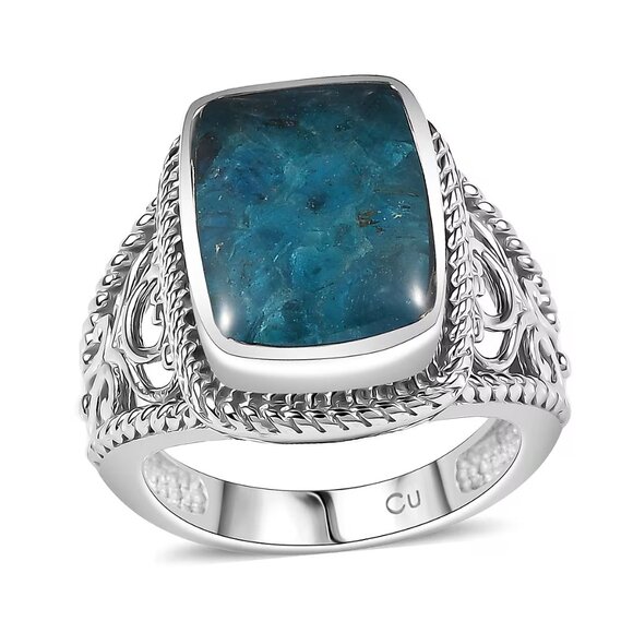 Neon Apatite Genuine Gemstone Fancy Ring in Platinum Over Copper with Magnet S8 - Picture 1 of 3